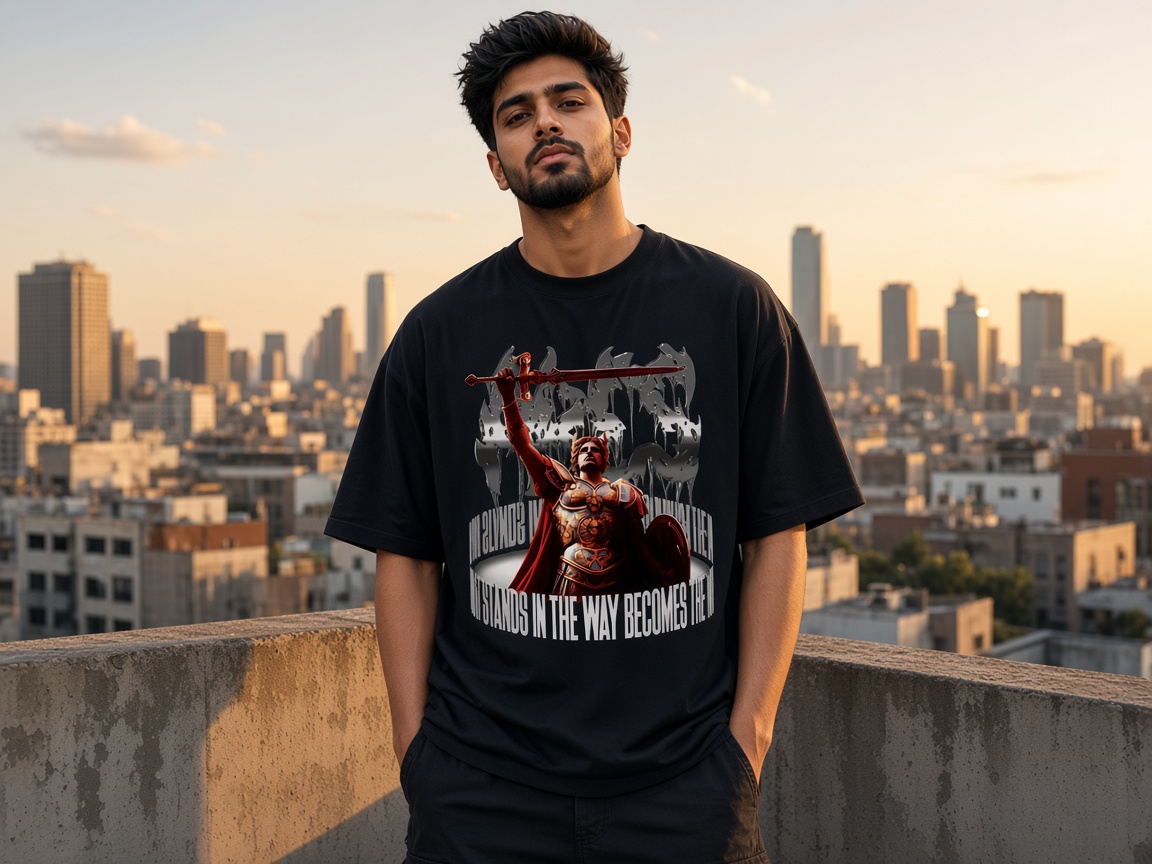 Ares oversized tee on a rooftop at golden hour