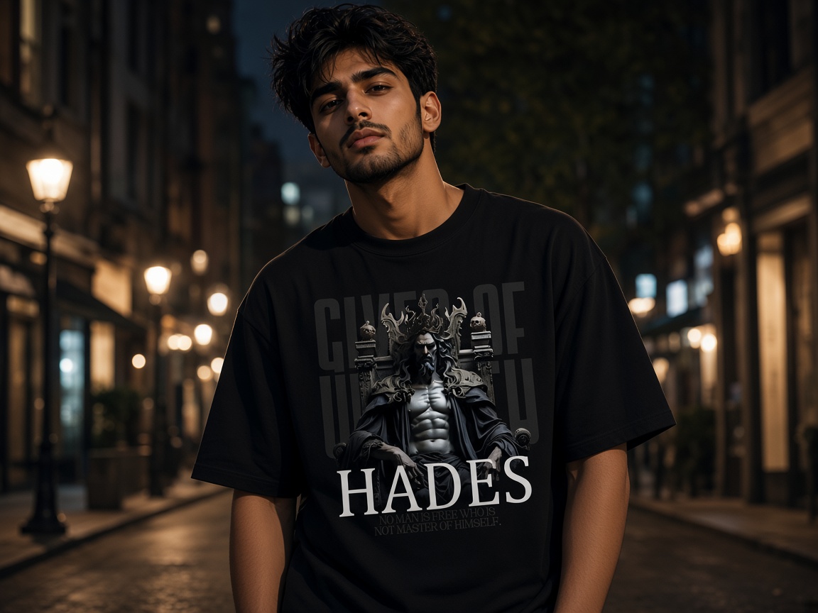 Hades oversized tee on a night street