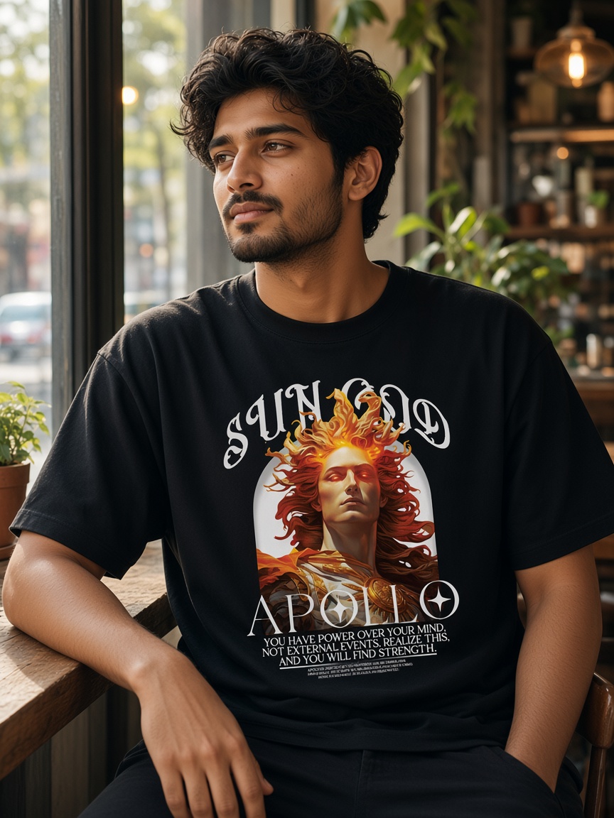 Apollo tee at a cafe window, ink black