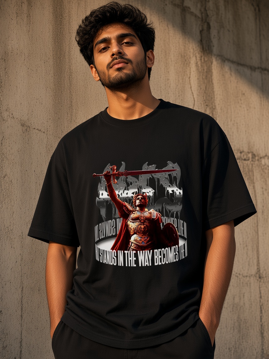 Ares tee against concrete, ink black