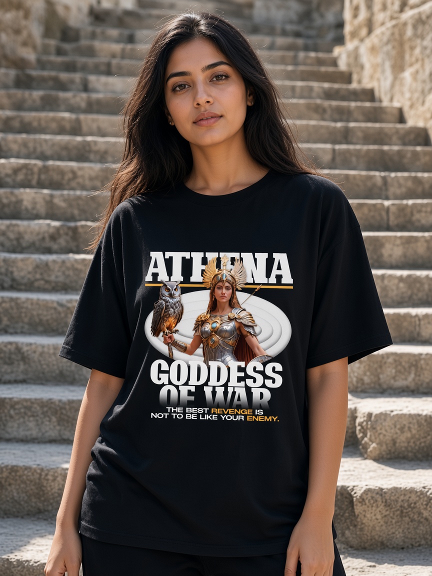 Athena tee on stone steps, ink black