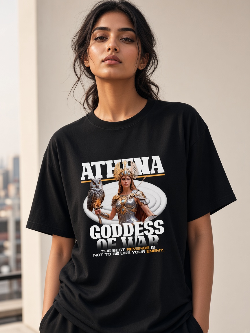 Athena tee on a model, ink black
