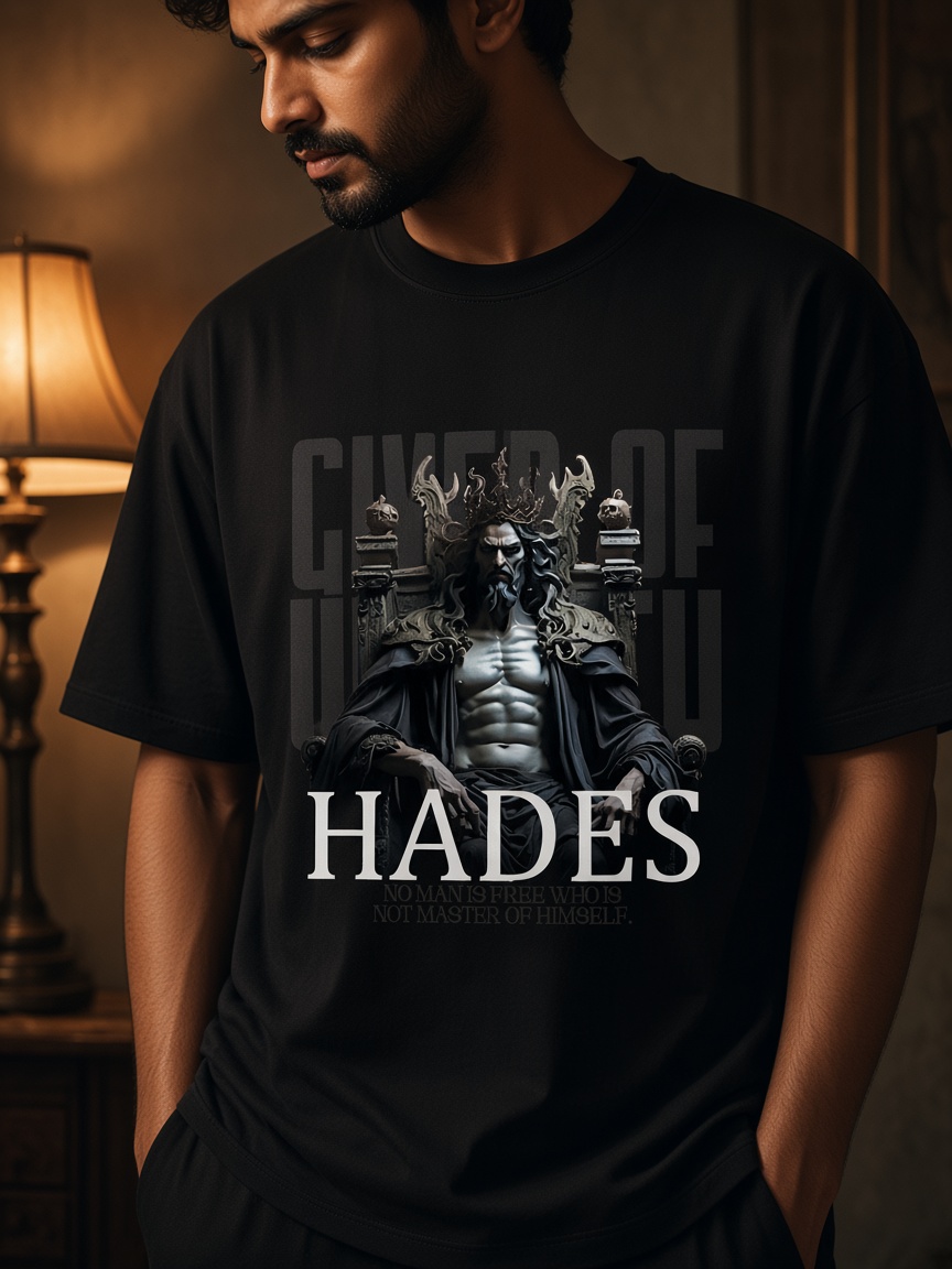 Hades tee under warm indoor light, ink black