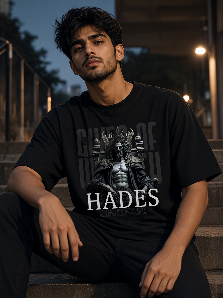 Hades tee on a model, ink black