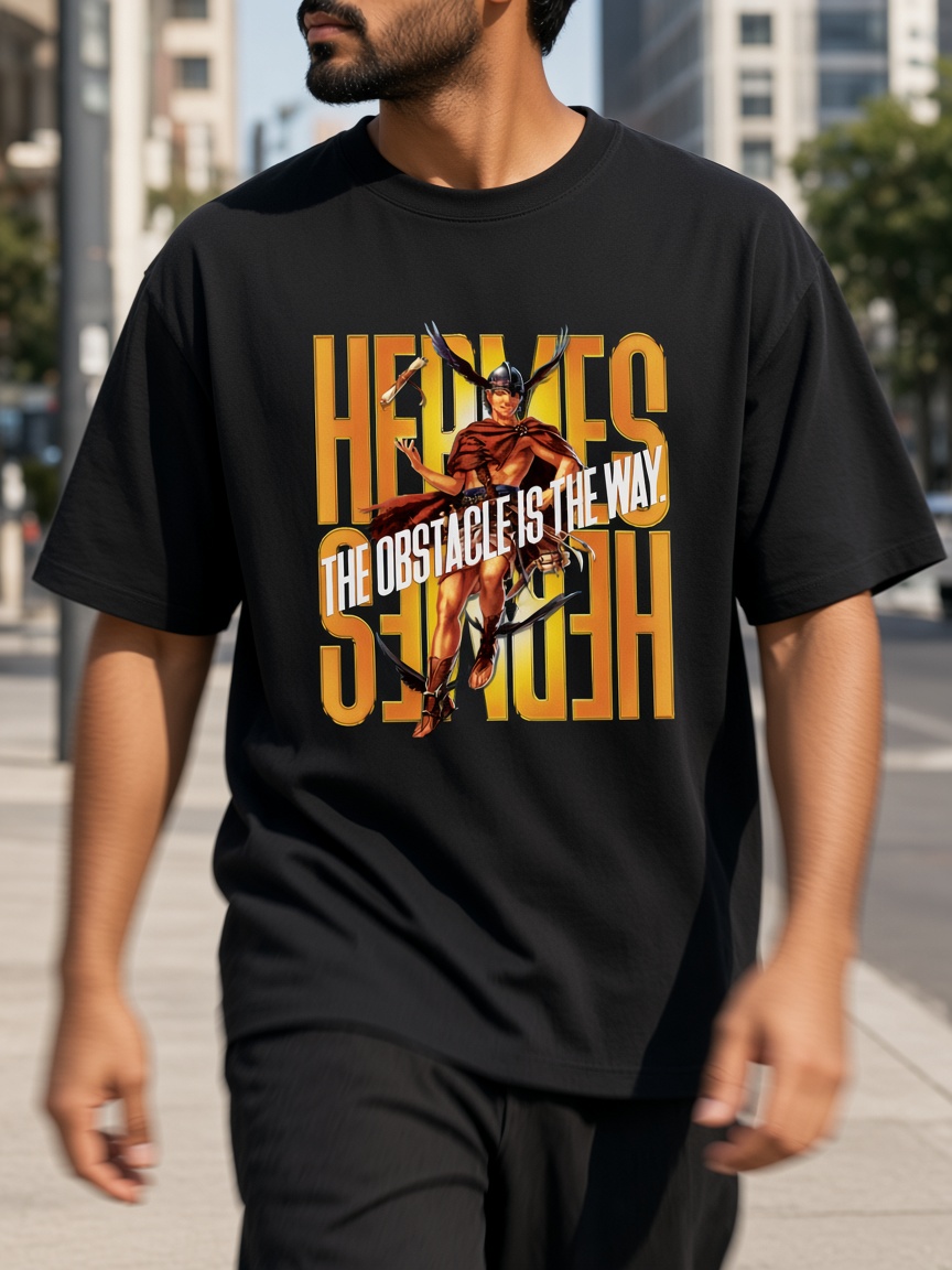Hermes tee on a city sidewalk, ink black